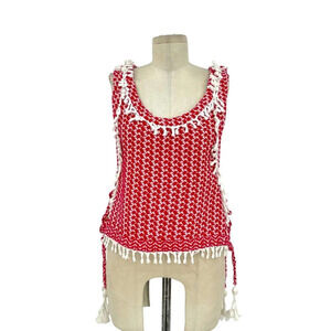 Dodo Bar Or Red White Fringe Lace-Up Tasseled Tank Top Size Small